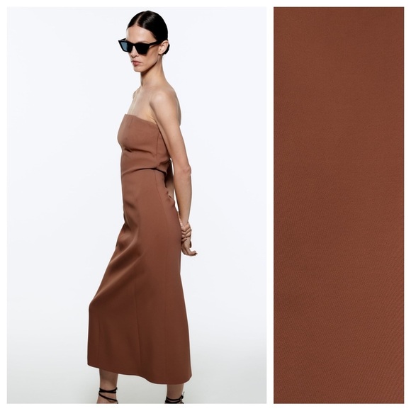 NWT. Zara Brown Bustier Strapless Midi Dress. Size S. - Picture 3 of 11